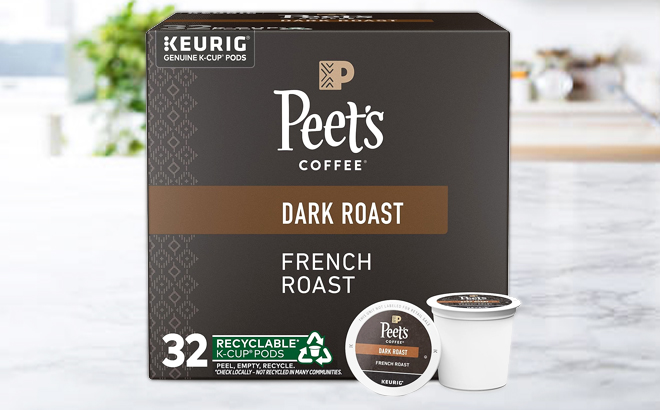 A Box of Peets Coffee Dark Roast 32 Count K Cups on a Marble Table