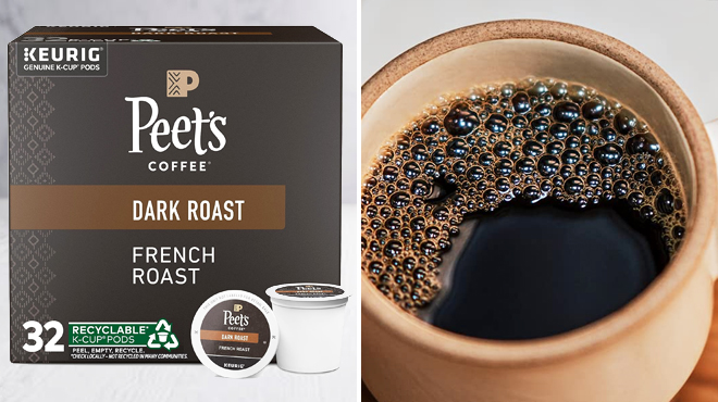 A Box of Peets Coffee Dark Roast 32 Count K Cups on the Left and a Cup of Coffee on the Right