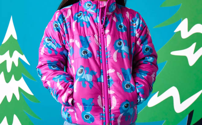 A Girl Wearing Disney Stitch Lightweight Puffy Jacket