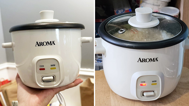 A Hand Holding Aroma 4 Cup Rice Cooker in White Color on the Left and Same Item on a Table on the Right