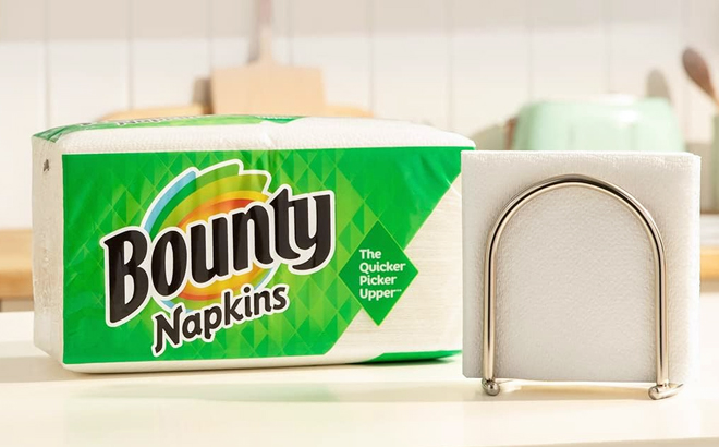 A Pack of Bounty 200 Count Paper Napkins on a Table