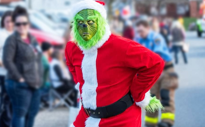 A Person Wearing Grinch Santa 8 Piece Christmas Costume