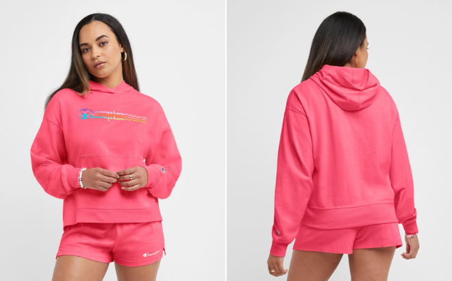 A Woman is Wearing a Hoodie with Ombre Wave Script Logo in the Joyful Pink Heather color