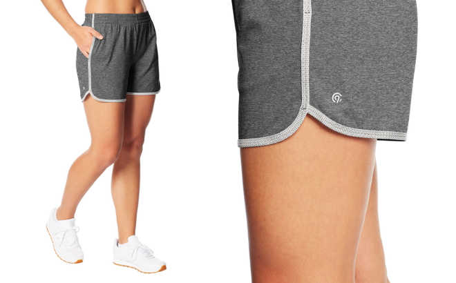 A woman is wearing Champion shorts in the Ebony Heater color on the left and on the right there is a closer view of the shorts
