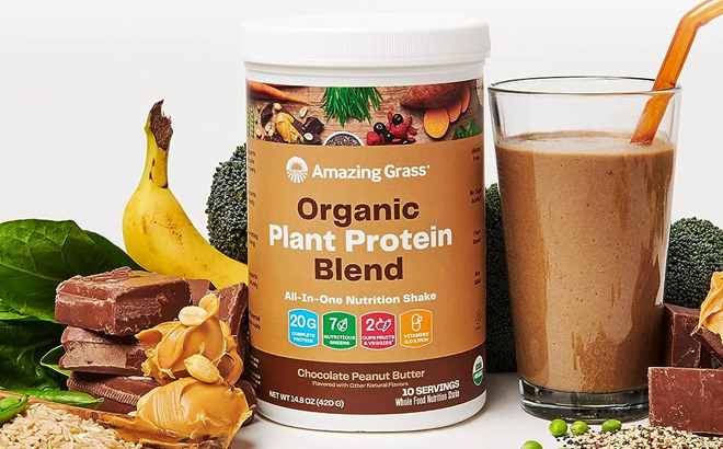 Amazing Grass Organic Protein Shakes in Chocolate Peanut Butter Flavor with Fruits and Vegetables on the Sides
