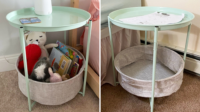 Amazon Basics Storage End Table in Mint Green Filled with Toys and Books on the Left and Same Item Empty on the Right