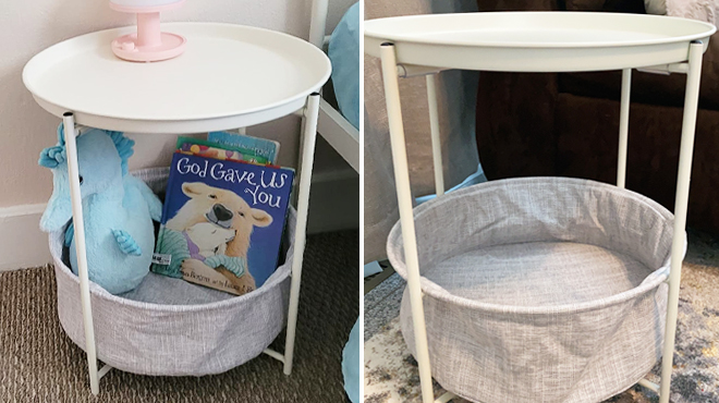 Amazon Basics Storage End Table in White Filled with Toys and Books on the Left and Same Item Empty on the Right