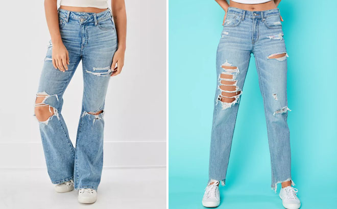 American Eagle Womens Ripped Super High Waisted Flare Jeans and Pride Ripped 90s Straight Jeans
