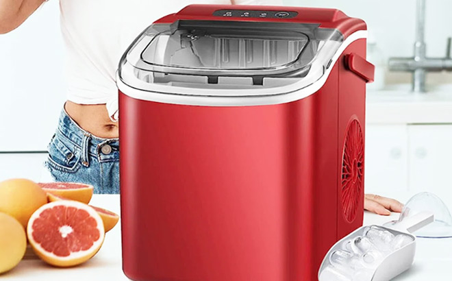 Antarctic Star Red Portable Ice Maker on a Kitchen Countertop