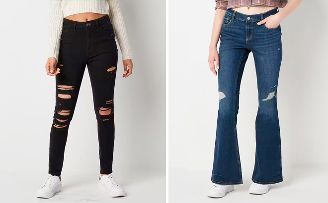 Arizona Juniors Womens High Rise Skinny Fit Jean and Juniors Womens Low Rise Flare Leg Jean
