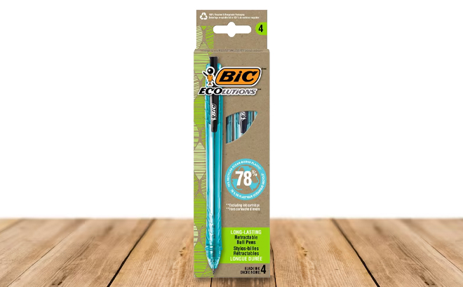 BIC 4 Count Ecolutions Retractable Ball Pens on a Table