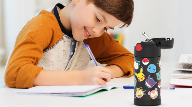 Boy Studying with Thermos Pokemon Insulated Water Bottle Boy Studying with Thermos Pokemon Insulated Water Bottle