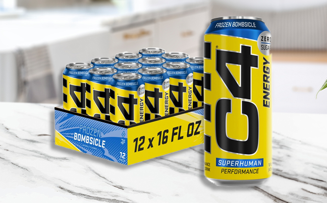 C4 Energy Drink 16oz Pack of 12 on a Kitchen Counter