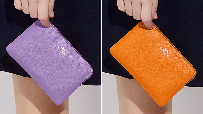 Coach Outlet Corner Zip Wristlet in Silver Iris Color on the Left and Silver Bright Mandarin on the Right