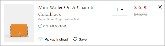 Coach Outlet Mini Wallet on a Chain in Colorblock at the checkout