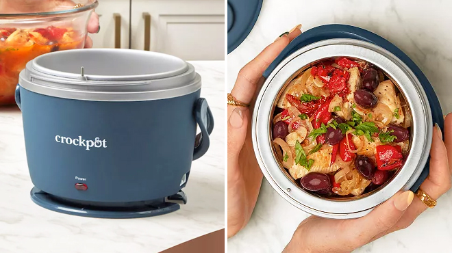 Crockpot Lunch Crock Food Warmer in Blue Color on the Left and Two Hands Holding the Same Item with Food on the Right