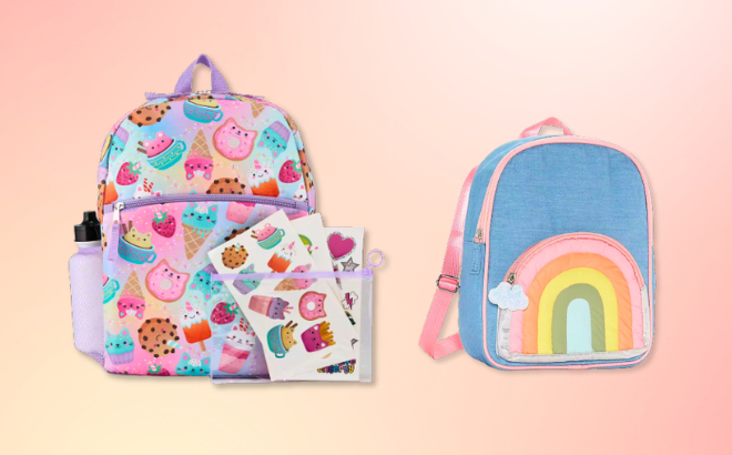 Cudlie 6 Piece Sweets and Treats Backpack Set for girls on the left side and the Verge Backpack for firls on the right side