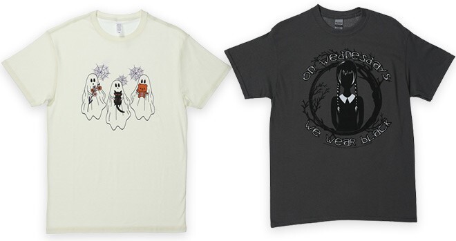 Cute Ghosts Graphic Tee on the Left Side and Wednesday Addams Graphic Tee on the Right Side