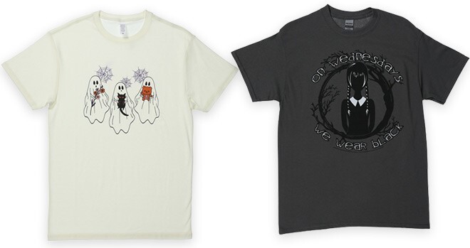Cute Ghosts Graphic Tee on the Left Side and Wednesday Addams Graphic Tee on the Right Side Cute Ghosts Graphic Tee on the Left Side and Wednesday Addams Graphic Tee on the Right Side