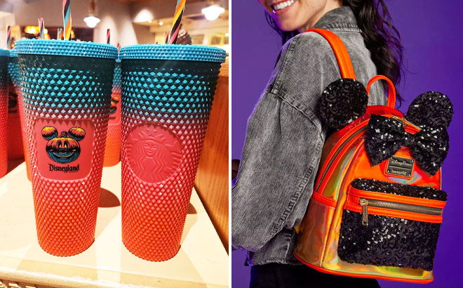 Disney Halloween Mickey Mouse Starbucks Tumbler and Minnie Mouse Sequin Loungefly Mini Backpack