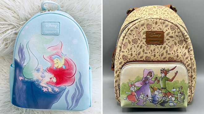 Disney Loungefly Little Mermaid Mini Backpack on the Left and Disney Loungefly Robin Hood Mini Backpack on the Right