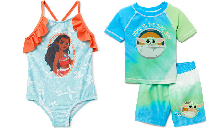 Disney Moana Ruffle Side Girls Toddler Girls One Piece Swimsuit and The Mandalorian The Child Infant Rashguard Set