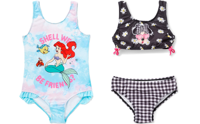 Disney Princess Ariel Shell We Tie Dye Girls One Piece Swimsuit and Toddler Girls Minnie Mouse Floral Check Bikini