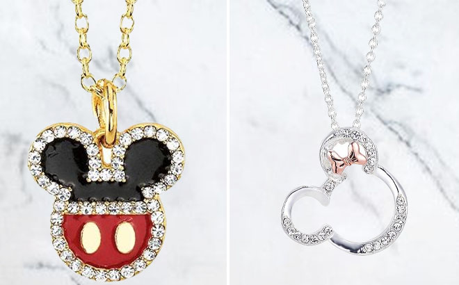 Disneys Mickey Mouse Enamel Crystal Necklace and Disney Two Tone 14k Rose Gold Fine Silver Plated Crystal Minnie Mouse Pendant Necklace