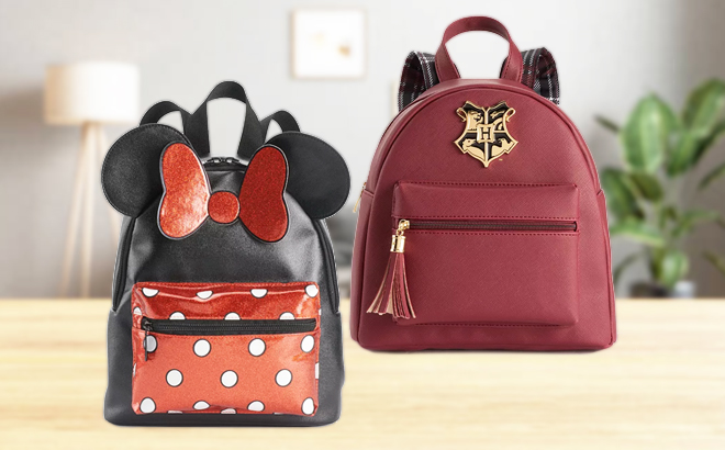 Disneys Minnie Mouse Polka Dot Mini Backpack and Harry Potter Hogwarts Mini Backpack on a Table