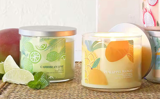 Distant Lands 14 Oz 3 Wick Caribbean Lime Scented Jar Candle and Distant Lands 14 Oz 3 Wick Pineapple Mango Scented Jar Candle