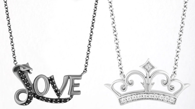 Enchanted Disney Villains Jafar Black Diamond Love Snake Necklace on the Left and Ultimate Princess Celebration Diamond Tiara Necklace on the Right Enchanted Disney Villains Jafar Black Diamond Love Snake Necklace on the Left and Ultimate Princess Celebration Diamond Tiara Necklace on the Right