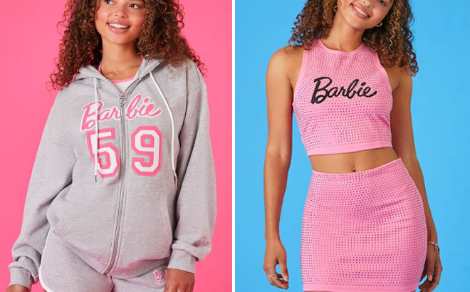 Forever 31 x Barbie Embroidered Barbie Zip Up Hoodie and Crop Top Mini Skirt Set
