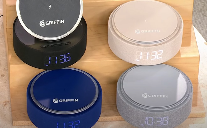 Four Different Colors of Griffin Wireless Charging Alarm Clock Bluetooth Speaker