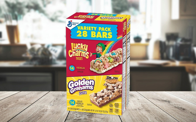 Golden Grahams Lucky Charms Breakfast Cereal Treat Bars Variety Pack on the Table