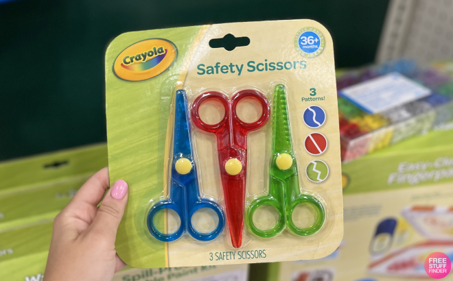 Hand Holding Crayola Safety Scissors 3 Pack