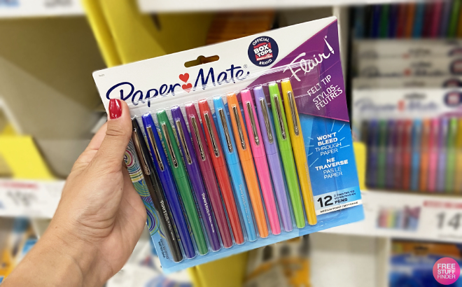 Hand Holding Paper Mate Assorted Flair Felt Tip Pens 12 Count