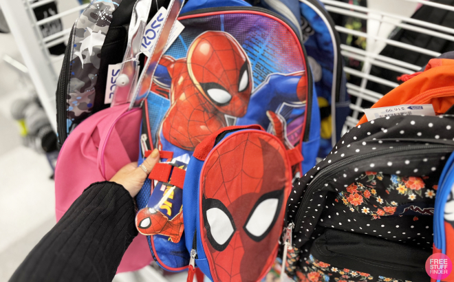 Hand Holding Spider Man Backpack with Lunch Bag