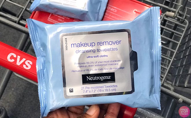 Hand holding one pack of Neutrogena Makeup Remover Wipes