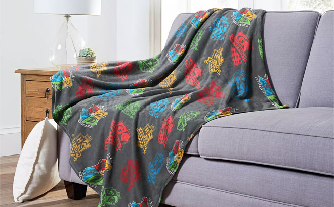 Harry Potter Houses of Wizards Micro Raschel Throw Blanket on a Couch