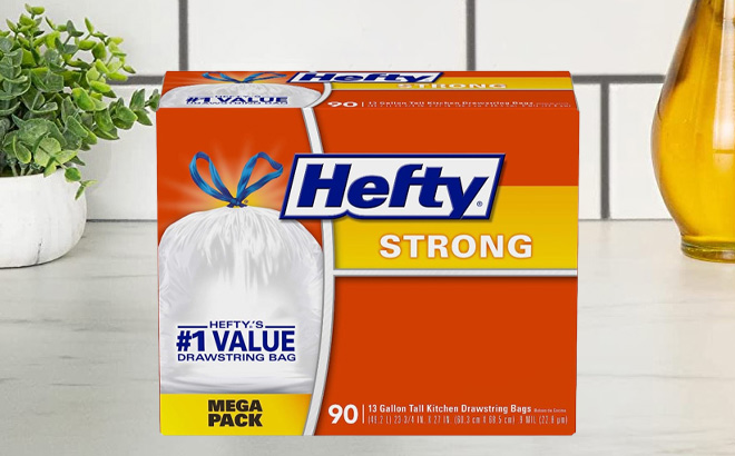 Hefty 13 Gallon Strong Tall Kitchen Trash Bags on Kitchen Counter