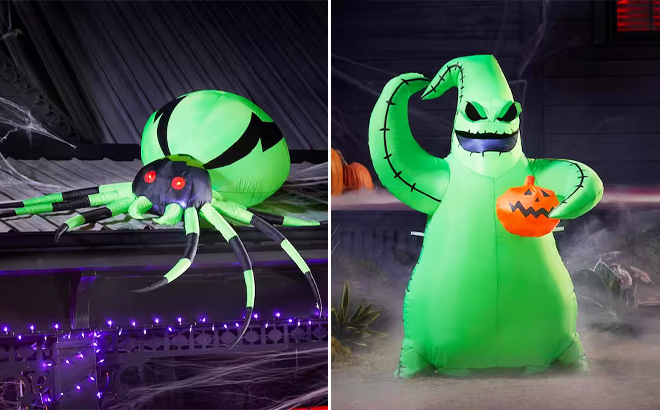 Home Accents Holiday 6 Foot LED Hanging Spider and Oogie Boogie Holding Pumpkin Halloween Inflatables