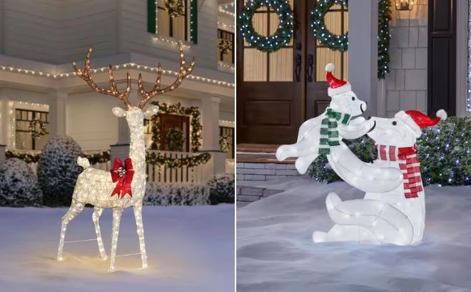 Home Accents Holiday Warm White LED Giant Buck with Bow Holiday Yard Decoration on the Left side and White LED Polar Bear Family Holiday Yard Decoration on the Right Side