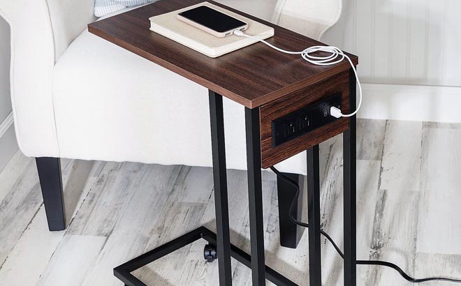 Honey Can Do C Shaped Side Table with Outlets and Wheels Walnut