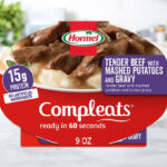 Hormel Compleats Microwave Tray in Tender Beef with Mashed Potatoes on a Marble Table