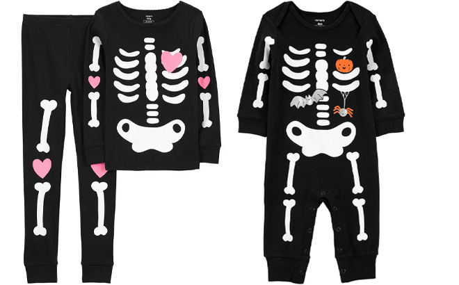Carters Kids 2 Piece Glow Halloween Pajama Set and Baby Halloween Skeleton Jumpsuit