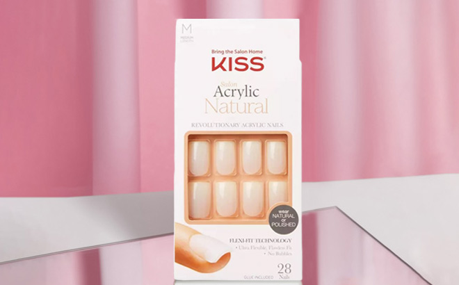 Kiss Acrylic Nails Set 28 Count Pack on a Mirror
