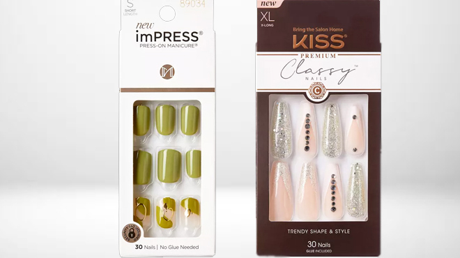 Kiss Short Press On Manicure Nails on the left and Kiss Premium Classy Nails on the right