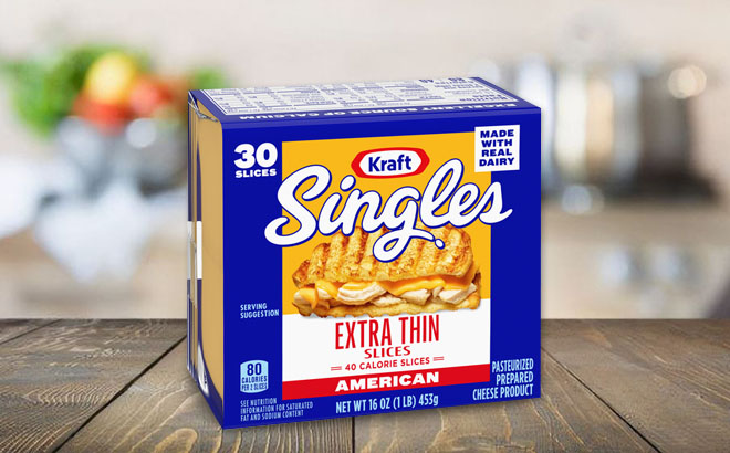 Kraft Singles Extra Thin Yellow American Cheese Slices on a Table