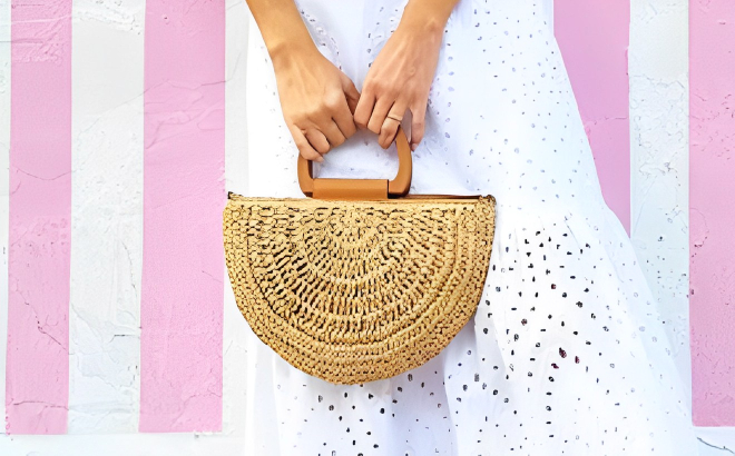 Lady Holding a Sonoma Goods For Life Straw Crossbody Bag