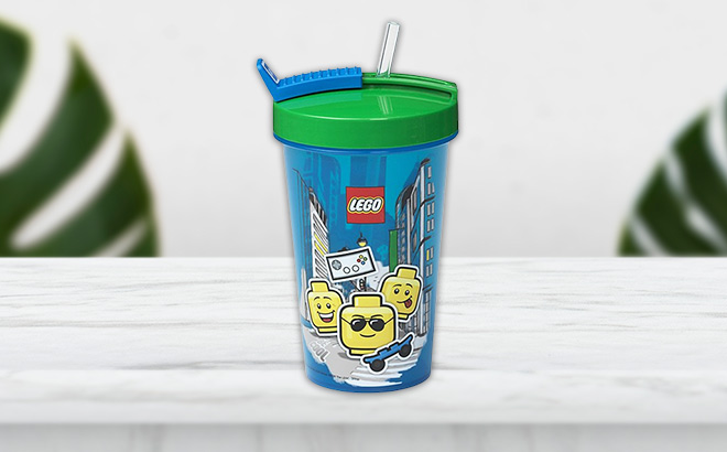Lego Green Blue Tumbler Straw on the table